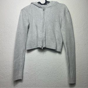 Brandy Melville Front Zip Crop Ribbed Hooded Sweater Gray